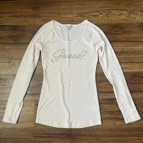 Guess Tops - Guess Y2K Blush Pink ribbed Waffle Knit Rhinestone Logo Top Women M Coquette